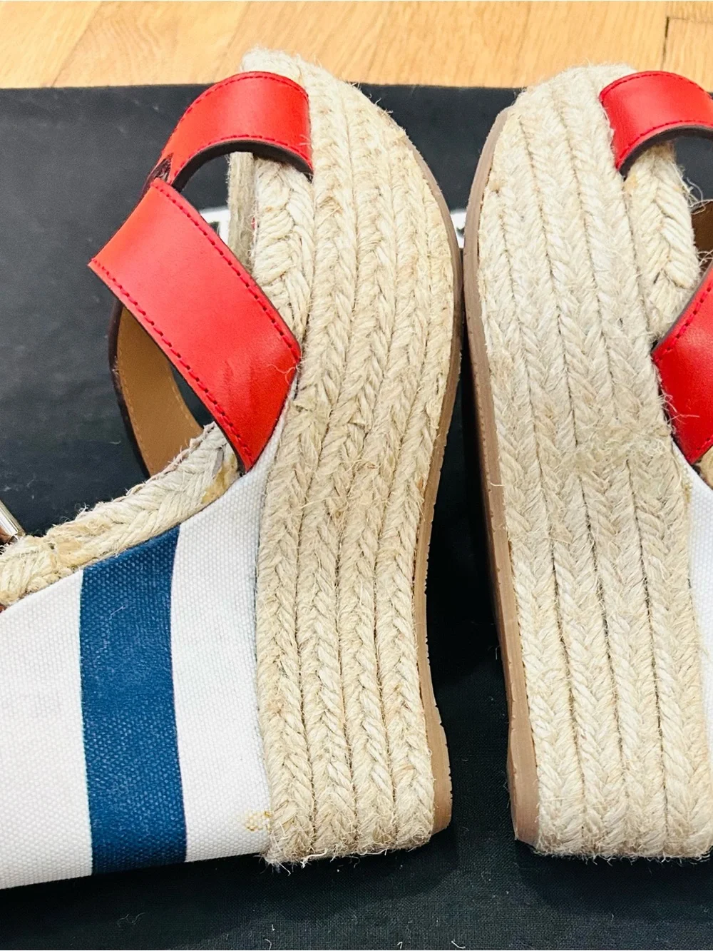 DSQUARED2 Red, Tan & Blue Striped Espadrille Wedge Sandals